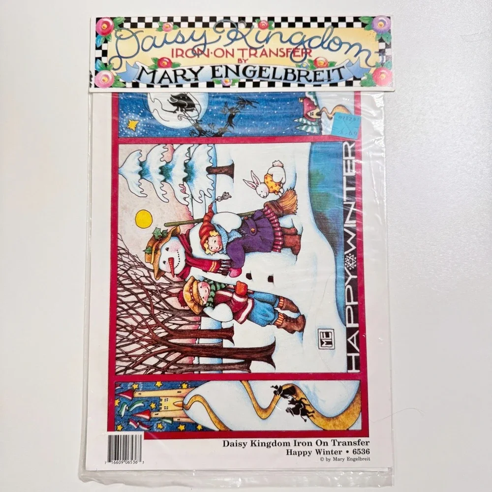 Vintage 1990 MARY ENGELBREIT Daisy Kingdom Iron-On Transfer Happy Winter 6536